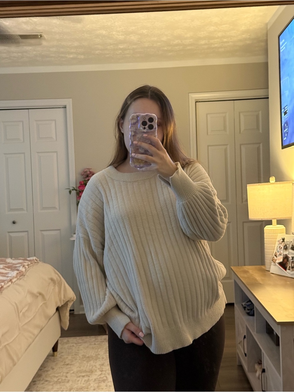 aerie Cream Ribbed Crewneck Sweater